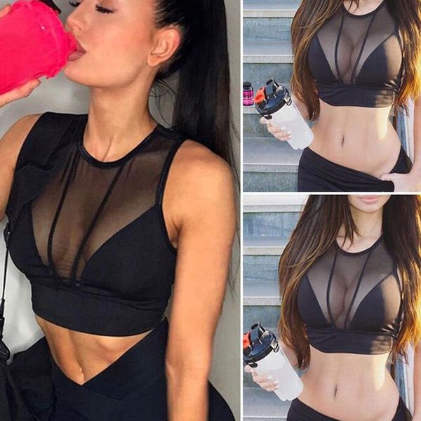 

women mesh patchwork sports bra tank bodycon slim gym sports clothing bustier vest crop blouses wholesale, White