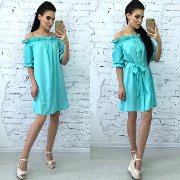 

2018 new women summer slash neck strapless dress vestidos short sleeve beach casual loose belt dresses plus size1, White;black