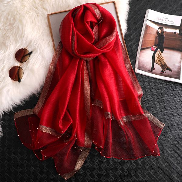 

nail beads with golden border, autumn winter long mulberry silk wool blended scarves for women's shawls and versatile, Blue;gray
