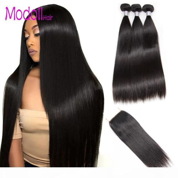 

straight bundles with closure brazilian virgin hair weave 3 4 bundles with closure human hair bundles with closure hair extension, Black;brown