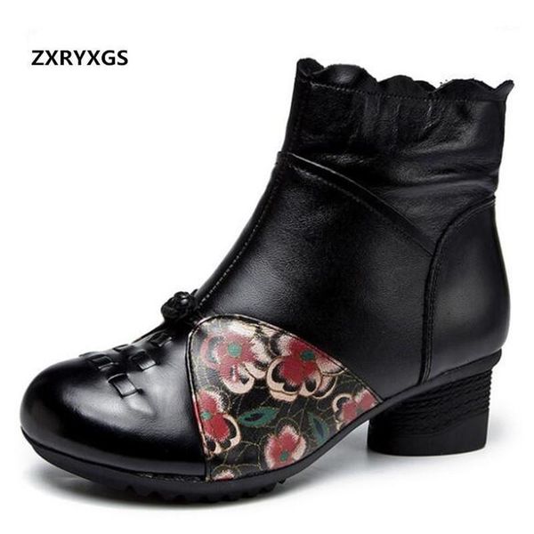 

2020 new printing splice genuine leather boots autumn and winter boots thick heel non-slip warm shoes women ankle1, Black