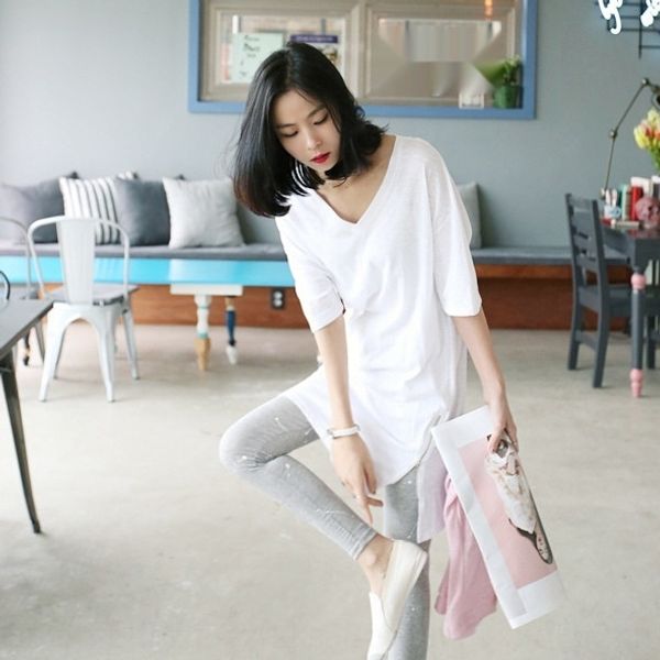 

summer 2020 south korea east gate coat t-shirt v-neck loose large short sleeve cotton t-shirt women's medium and long bottoming fash, White