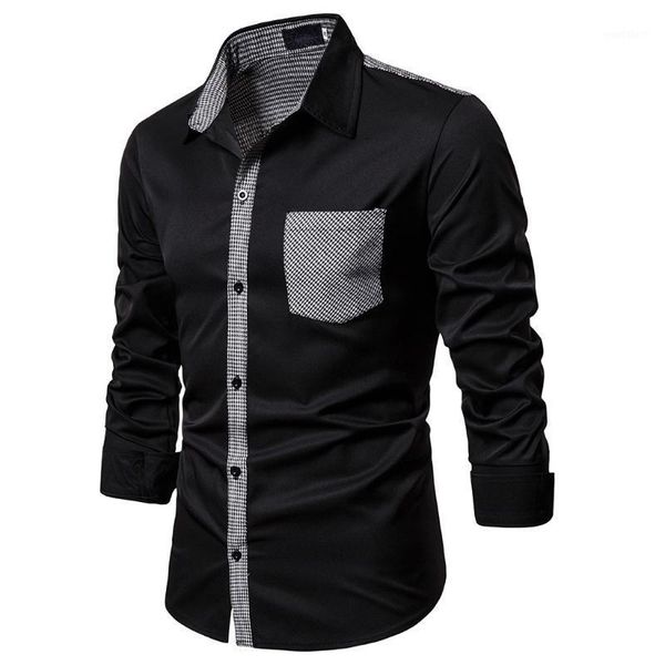 

men's slim fit dress shirt patchwork button turn-down collar streetwear pockets long sleeve blouse shirt mens clothing1, White;black