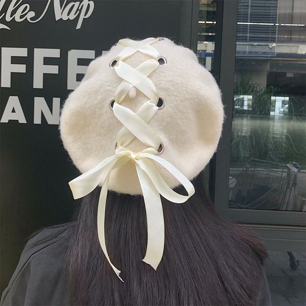 

berets h3543 women wool beret hat korean harajuku cross bandage bowknot cap autumn winter painter fashion strap girl hats, Blue;gray