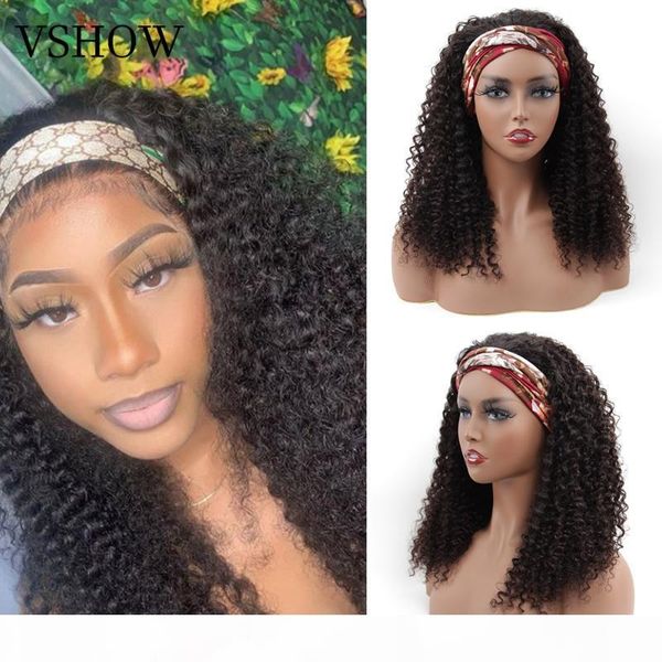

kinky culy human hair headband wig glueless human hair wigs with scarf natural 180% density for black women vshow, Black;brown