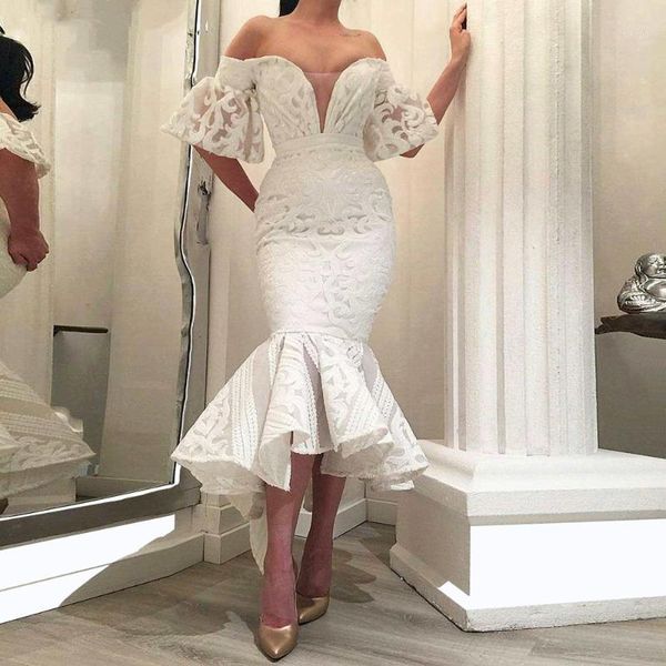 

mermaid cocktail dresses white v neck ruffles sleeve offer shoulder sleeve fashion lace applique prom pretty robe cocktail femme1, White;black