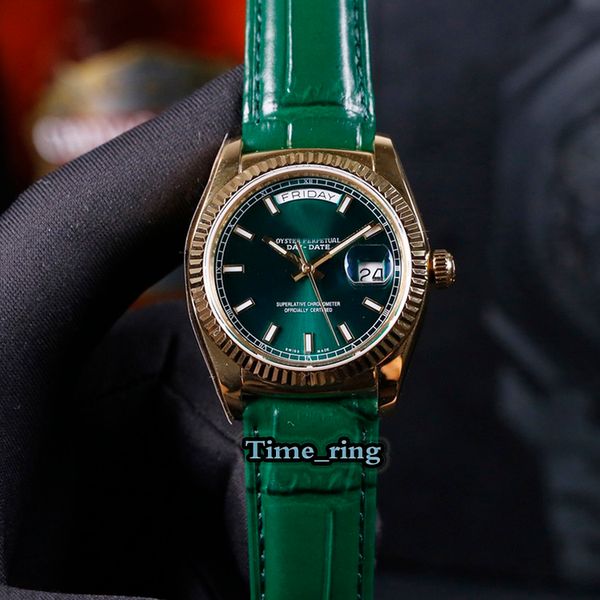 

edition 118135 118138 118139 green date dial rose gold steel case 2836-2 automatic mechanical movement mens watch leather strap watches, Slivery;brown