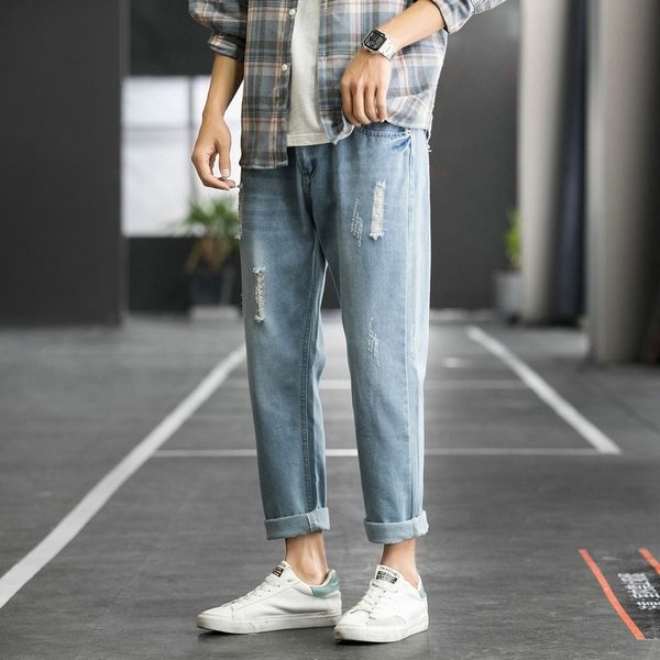 

ty8oi новых джинсы с дырками в 2020 брюках ноги случайных летнее jeansjeans и jeansmen маленьких для capris корейских мод бренд тонкой моды, Blue