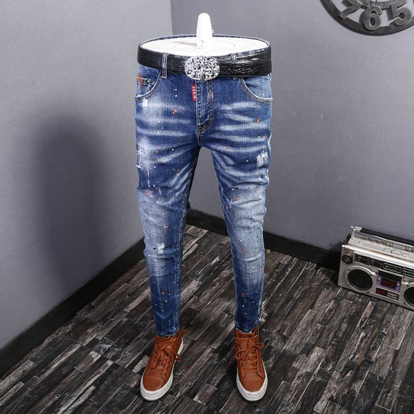 

2021 new italian style fashion men jeans elastic slim fit casual denim pants homme retro wash vintage designer long trousers q6, Blue