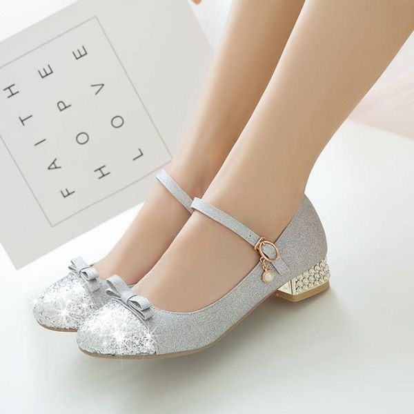 

children shoes girl low heels single shoes woman thick bow buckle dress student silver princess crystal 30-43, Black