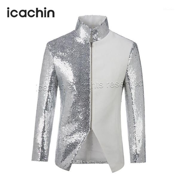 

stand collar men white and silver sequin jacket traje chaqueta hombre blazer hombre americana zipper blazer homme1, White;black