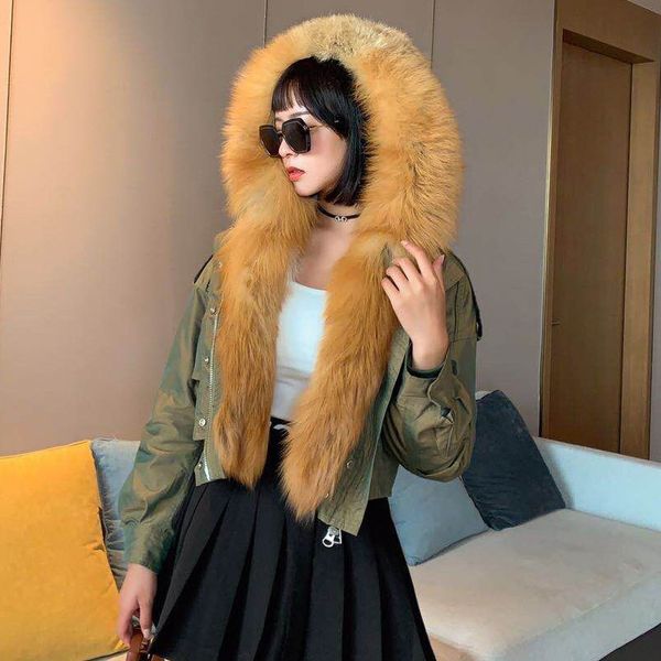 

2021 new great fur collar short skin parka female winter jacket real wool lining warm coat with hood snow outwear 3ew4, Black