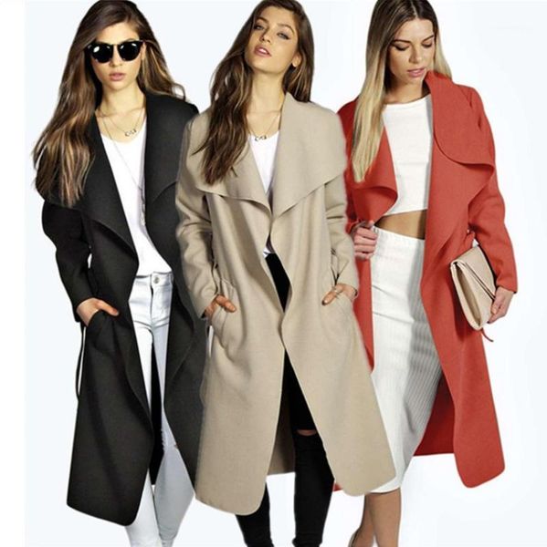 

jacket trench coat european leg autumn and winter belt plus-sized wool coat cotton lapel lace up long sleeve1, Black