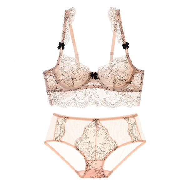 

ultra thin transparent floral emboridery set with stones mesh lace underwear french bra women lingerie summer y200708, Red;black