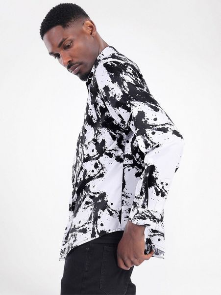 

cloudstyle men splash ink print curved hem shirt u39f#, White;black
