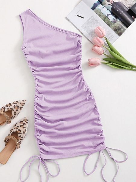 

one shoulder ruched knot side bodycon dress i8ke#, Black;gray