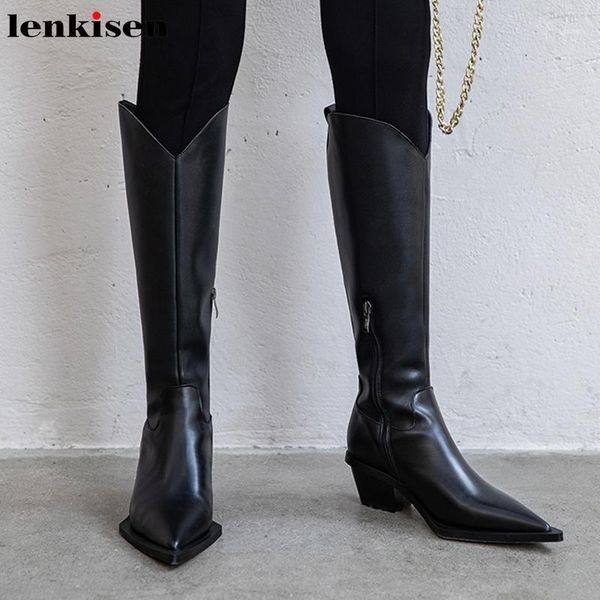 

boots lenkisen online star pointed toe knight genuine leather high heels solid zip winter keep warm women thigh l881, Black