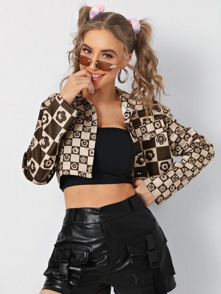 

geo and yin & yang print crop jacket i7g0#, Black;brown
