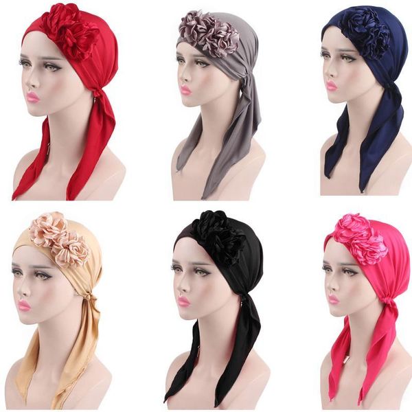 

beanie/skull caps 2021 muslim women flower cap cancer hat long tail hair loss head scarf turban, Blue;gray