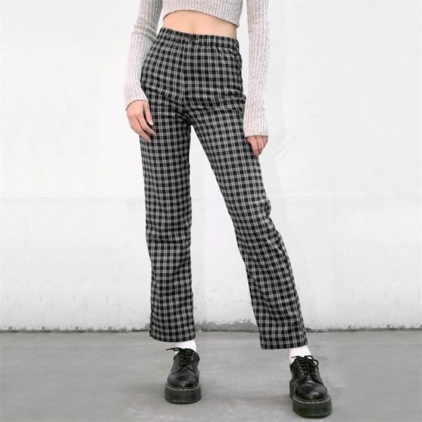 

women high rise elastic waist checked straight pants 3 colours 201106, Black;white