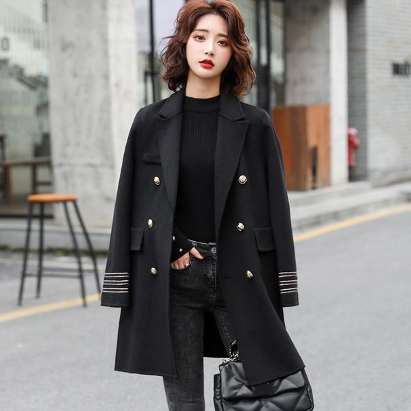 

ladies double-sided nylon women's mid-length autumn and winter high-end black faux woolen coat