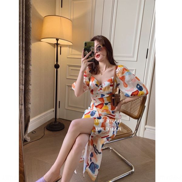 

the same series of net red nordic high-end oil painting printed bubble sleeve dress with waist closing shows thin temperament dress dressoil, Black;gray