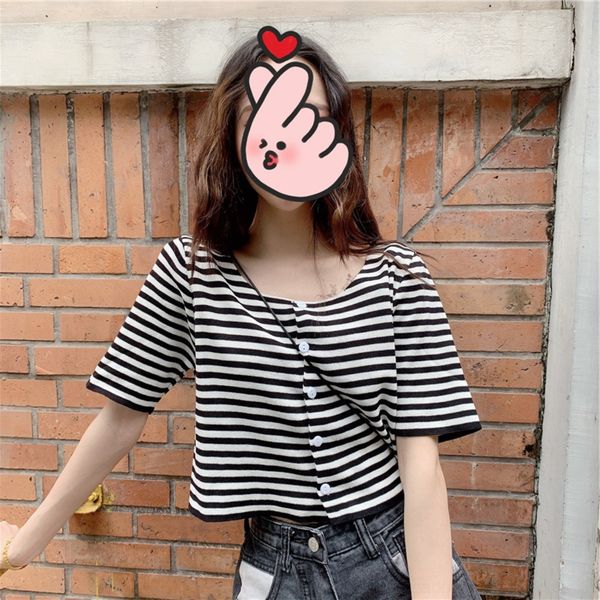 

olbhp short sleeve t-shirt shows thin foreign knitted women 2020 spring korean vest vest and summer new net red stripe style waistcoa, White;black