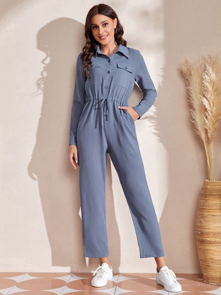 

emery rose button front drawstring waist jumpsuit q4xc#, White