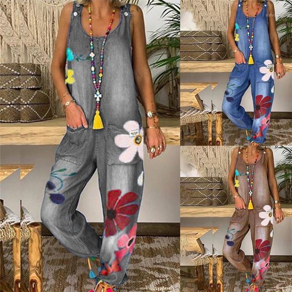 

plus size 2xl fashion women sleeveless bib overall backless floral print loose jumpsuit dungarees fashion new playsuits bodysuit1, Black;white