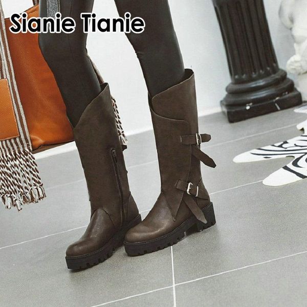 

sianie tianie 2020 winter new round toe buckle strap western cowgirl boots platform riding equestrian mid-calf boots for women, Black