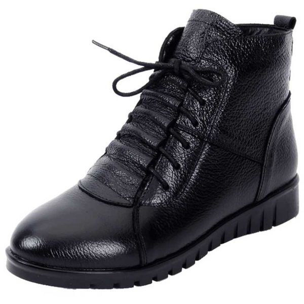 

winter women'sshoes leather short boots female cotton shoes lace-up middle-aged elderly snow bootswomen's warm shoes short boots, Black