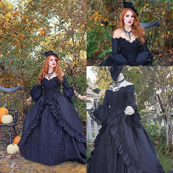

vintage victorian black ball gown wedding dresses with long sleeve 2021 retro plus size lace gothic corset lace-up back bridal gowns al7260, White