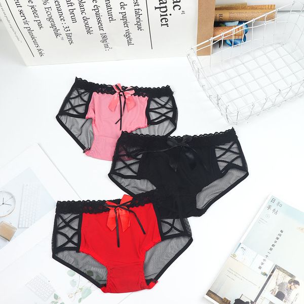 

bowknot net lace briefs hollow out bandage transparent hips panties women thongs underwear, Black;white