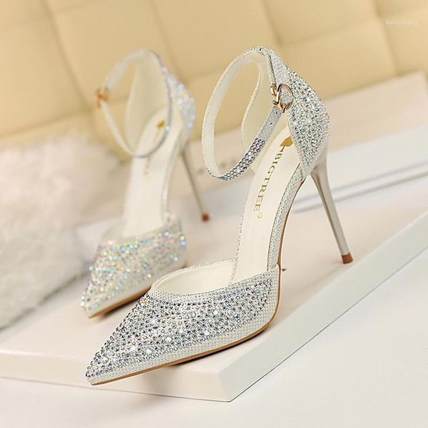 

sweet high-heeled stiletto high heels shallow mouth pointed toe cutout with shiny rhinestone women's sandals ladies shoes1, Black