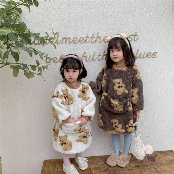 

medium 2020 winter length new korean girls' plush sweater children's big pocket bear pullover, Black