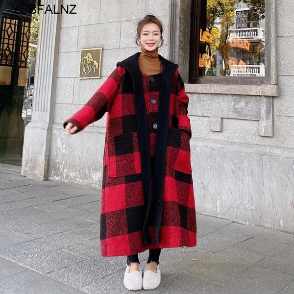 

hooded plaid padded woolen blend coats 2021 winter womens fashion thick warm long female outerwear vintage clothing, Black