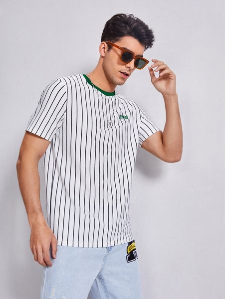 

men letter graphic & striped round neck tee 04e9#, White;black