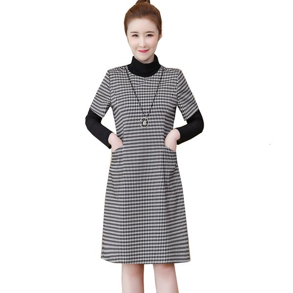 

2020 fall and winter new high-neck dress of ladies 2020 of women plus size fake two-piece high-neck dress h00224, Black;gray