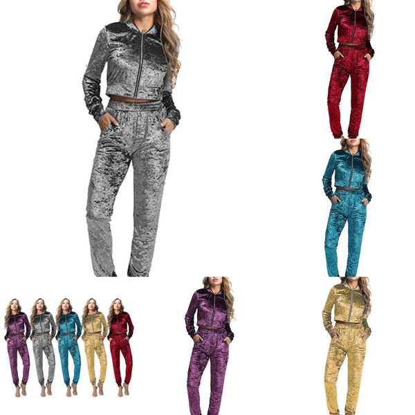 

2020 new women's gold diamond velvet sports and leisure two piece suit, Tan;black