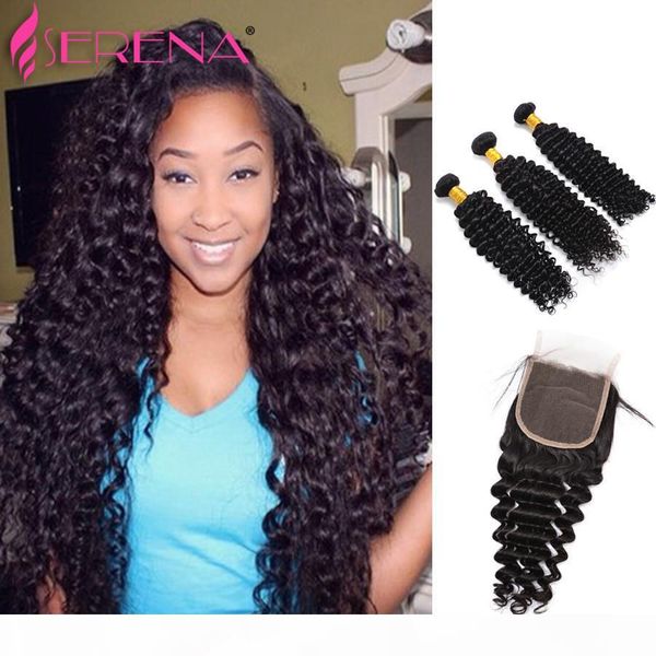 

hair bundles with closure buy 3 hair wefts get 1pc curly lace frontal deep curly human hair weave malaysian deep wave with closure, Black;brown