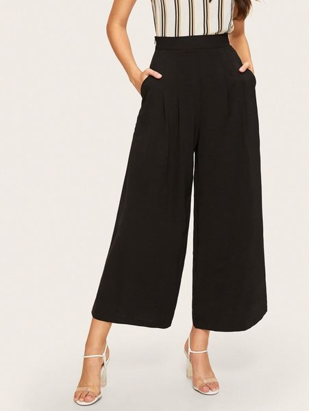

zip side slant pocket wide leg pants 82r1#, Black;white