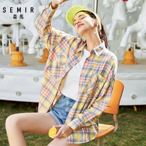 

semir plaid shirt women 2020 spring new chic western style design long sleeve shirt loose cotton1, White