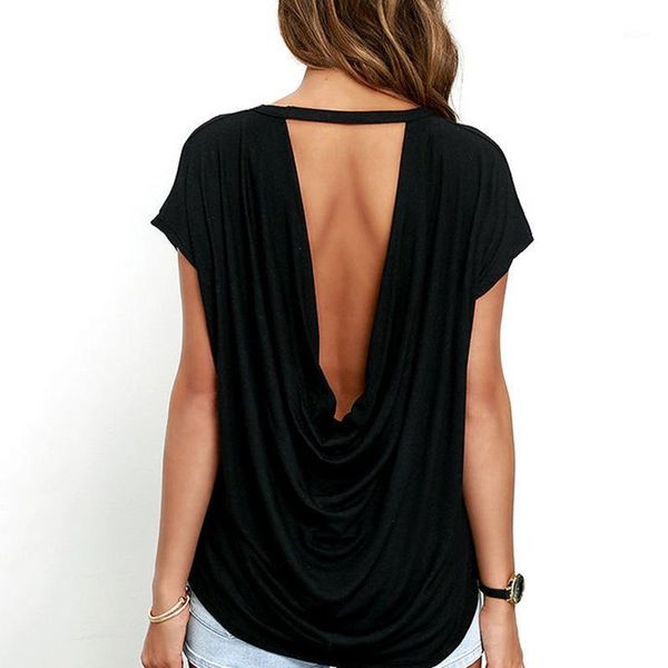 

fashion open back t shirt women casual backless short sleeve tshirt summer clothing loose o-neck tees black white1, White