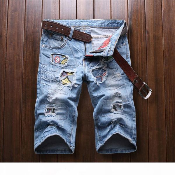 

оптово-2016 новый рваные джинсы мужчины лето стиль пэчворк короткие мужчины высокого качества марка мотоцикла джинсы denim повседневные брюк, Blue
