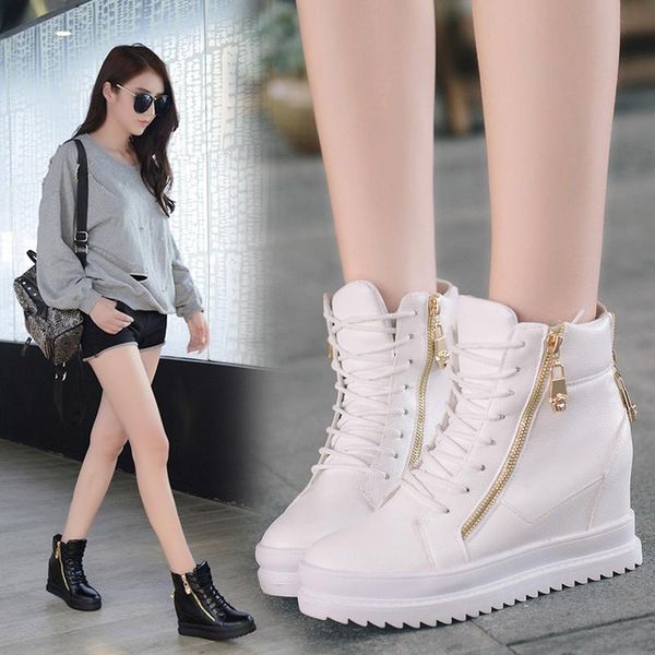 

autumn style korean version tide thick soles inside increase women's shoes fashion zipper high upper shoes lacing casual s02, Black