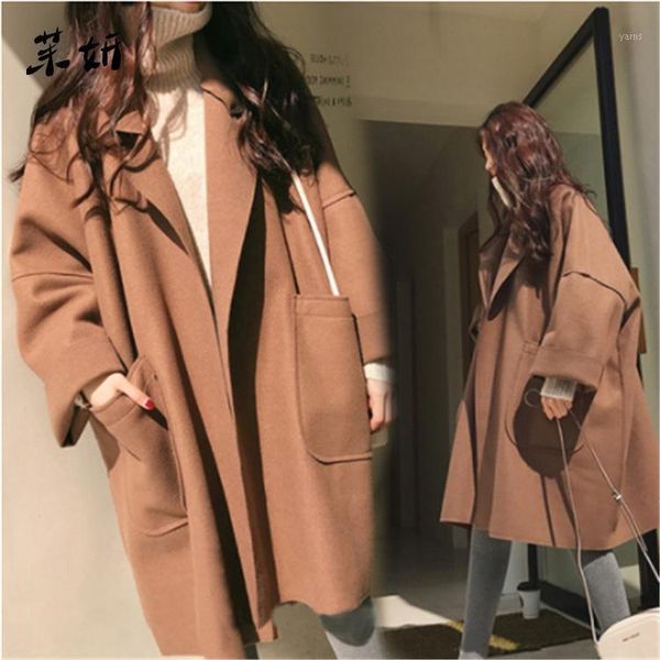 

blends for women solid pockets long turn-down collar all-match coats womens korean style plus size elegant trendy ladies blend1, Tan;black