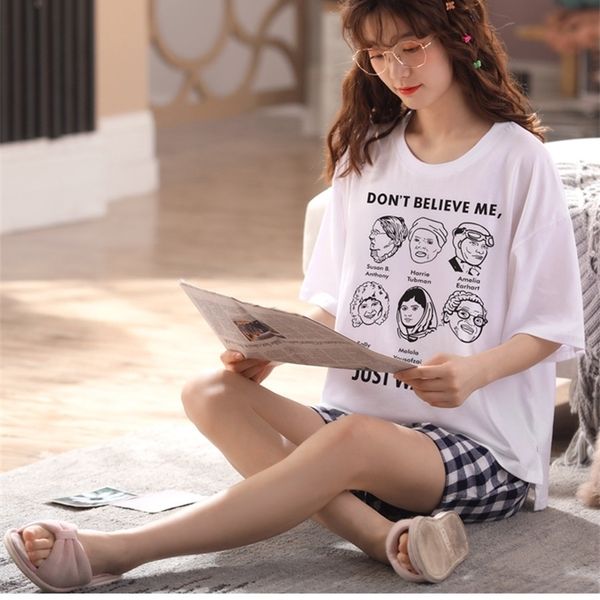 

women girls home wear clothes short sleeve summer checked pajamas sets plaid cotton sleepwear lounge o-neck indoor clothing y200708, Black;red