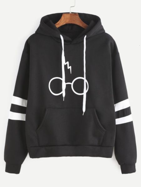 

new glasses printed hooded sweater couple cotton tracksuit sport suit for women men long sleeve set pullover woman collar stand promotion, Black