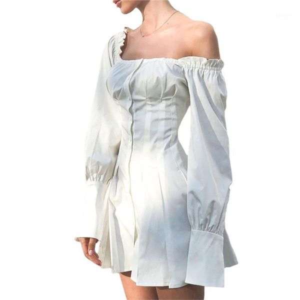 

women off shoulder shirts dress long sleeve ladies stylish solid color dress for summer spring elegant vestidos 2021 white1, Black;gray