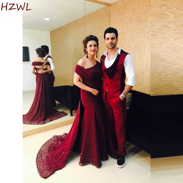 

burgundy off the shoulder evening gowns satin sequins sweep train prom dresses elegant mother of bride dress robe de soiree, Black;red